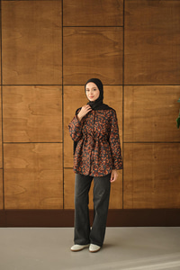 Yaprak Desen Beli Lastikli Ceket Kahverengi