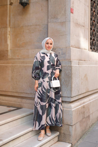 Yaprak Desen Elbise Antrasit