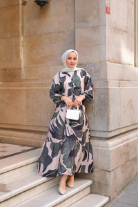 Yaprak Desen Elbise Antrasit