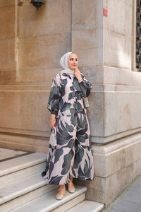 Yaprak Desen Elbise Antrasit