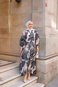 Yaprak Desen Elbise Antrasit