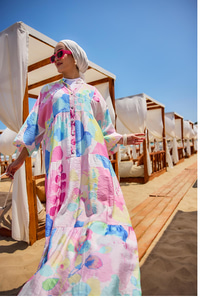 Yaprak Desen Elbise Beyaz