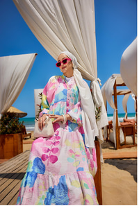 Yaprak Desen Elbise Beyaz