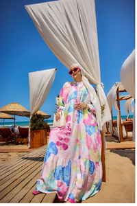 Yaprak Desen Elbise Beyaz