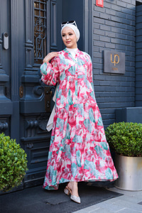 Yaprak Desen Elbise Fuşya