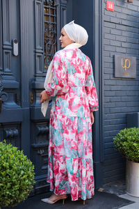 Yaprak Desen Elbise Fuşya