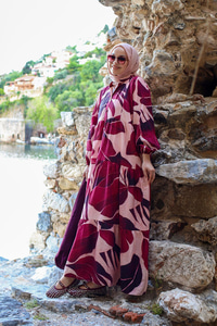 Yaprak Desen Elbise Fuşya