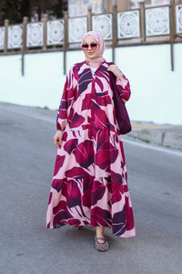 Yaprak Desen Elbise Fuşya