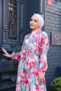 Yaprak Desen Elbise Fuşya