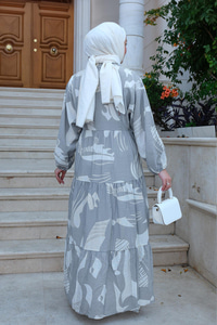 Yaprak Desen Elbise Gri