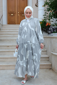 Yaprak Desen Elbise Gri