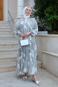 Yaprak Desen Elbise Gri