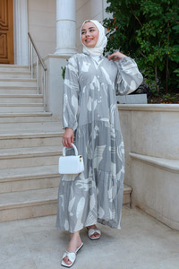 Yaprak Desen Elbise Gri