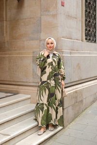 Yaprak Desen Elbise Haki Yeşil