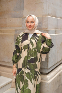 Yaprak Desen Elbise Haki Yeşil