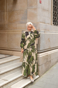 Yaprak Desen Elbise Haki Yeşil
