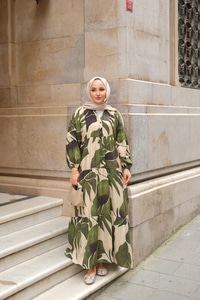 Yaprak Desen Elbise Haki Yeşil