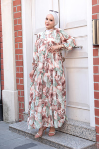 Yaprak Desen Elbise Kahverengi