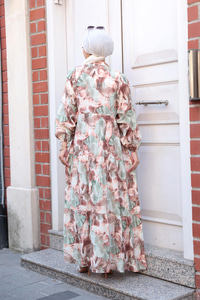 Yaprak Desen Elbise Kahverengi