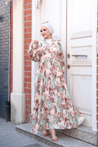 Yaprak Desen Elbise Kahverengi