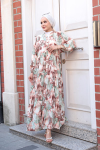 Yaprak Desen Elbise Kahverengi