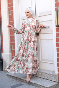 Yaprak Desen Elbise Kahverengi