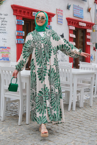 Yaprak Desen Elbise Krem