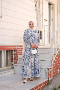 Yaprak Desen Elbise Lacivert