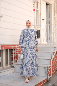 Yaprak Desen Elbise Lacivert