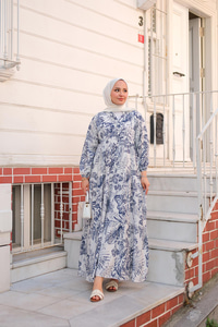 Yaprak Desen Elbise Lacivert