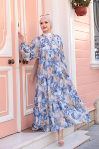 Yaprak Desen Elbise Mavi