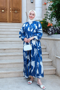 Yaprak Desen Elbise Mavi