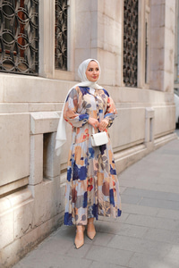 Yaprak Desen Elbise Mavi