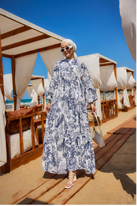 Yaprak Desen Elbise Mavi