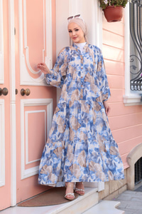 Yaprak Desen Elbise Mavi