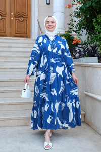 Yaprak Desen Elbise Mavi