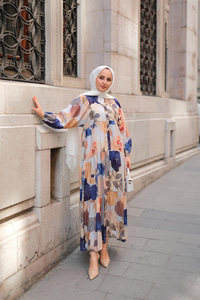 Yaprak Desen Elbise Mavi