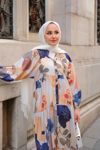 Yaprak Desen Elbise Mavi