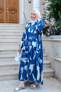 Yaprak Desen Elbise Mavi