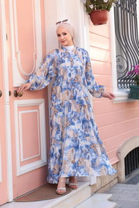 Yaprak Desen Elbise Mavi