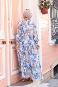 Yaprak Desen Elbise Mavi