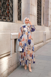 Yaprak Desen Elbise Mavi