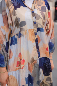 Yaprak Desen Elbise Mavi