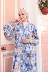 Yaprak Desen Elbise Mavi