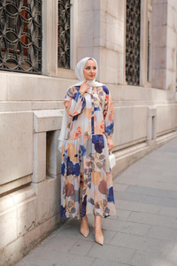 Yaprak Desen Elbise Mavi