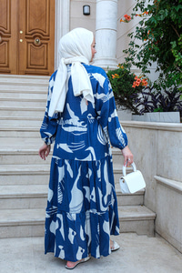 Yaprak Desen Elbise Mavi