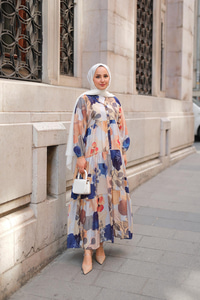 Yaprak Desen Elbise Mavi