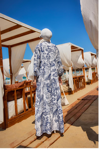 Yaprak Desen Elbise Mavi