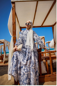 Yaprak Desen Elbise Mavi