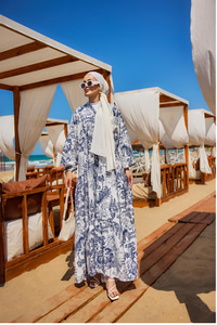 Yaprak Desen Elbise Mavi